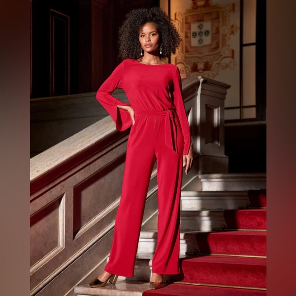 Boston Proper Beyond Travel Long Bell Sleeve Jumpsuit Wide Leg Large